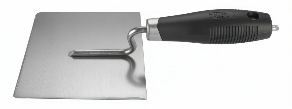 Stainless steel plastering trowel with black rubber grip handle isolated on white background