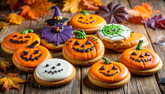 Assortment of festive Halloween decorated cookies
