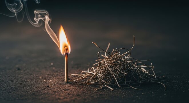 A burning match ignites a pile of fine metal wire, symbolizing potential energy and danger.
