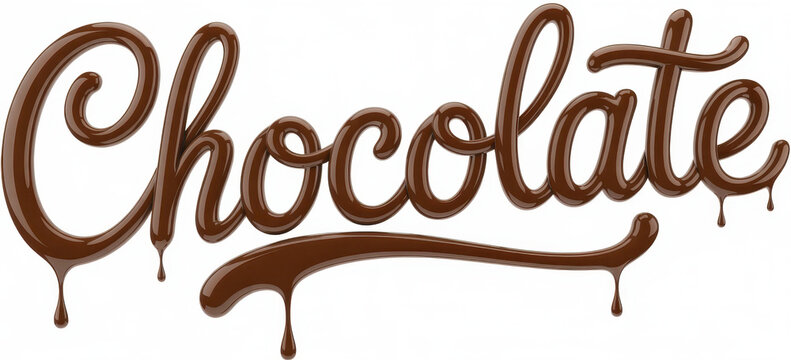 The word chocolate written in a cursive script font made of liquid brown melted chocolate