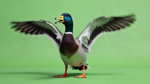 Vocal Mallard Duck with Spread Wings on Green Background