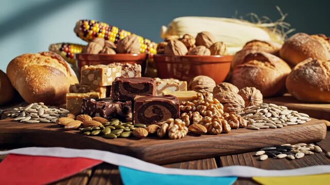 Rustic table spread with bread nuts and sweets