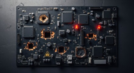 Fototapeta premium Damaged Computer Circuit Board Showing Signs of Burning and Overheating
