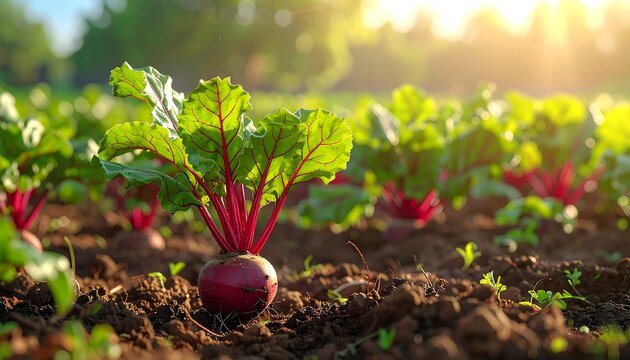 Close-up field of red beets growing in soil, bathed in warm sunlight. Vibrant leaves contrast against the dark earth