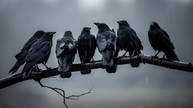 A Murder of Crows Perched on a Tree Branch in the Rain