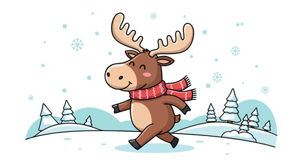 Fototapeta premium Playful cartoon moose with scarf and playful animal gliding through a winter landscape with snowy trees