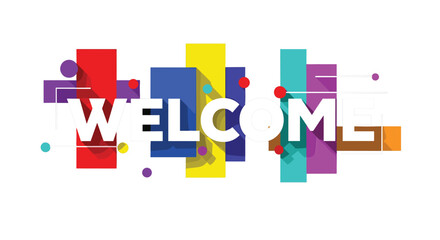 Modern "Welcome" Text Vector Design Featuring Bright Colors and Geometric Shapes for Invitations, Greetings, and Event Promotions © Feroz