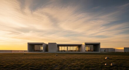 Obraz premium Modernist concrete villa at sunset, luxury brutalist architecture with glass walls, minimalist desert home exterior under dramatic golden sky