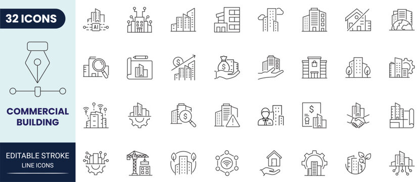 Commercial building icon set in outline style. Collection of commercial building, office, business center, property, real estate, and architecture. Editable stroke. Vector icon collection.