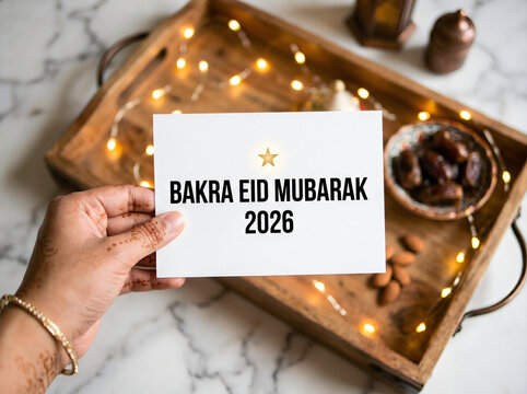 Hand holding a bakra eid mubarak 2026 card with festive background