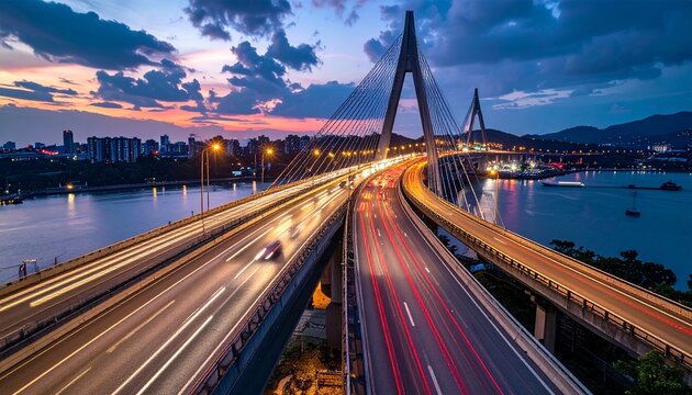Illuminated Bridge at Dusk - A Symphony of Light and Motion.