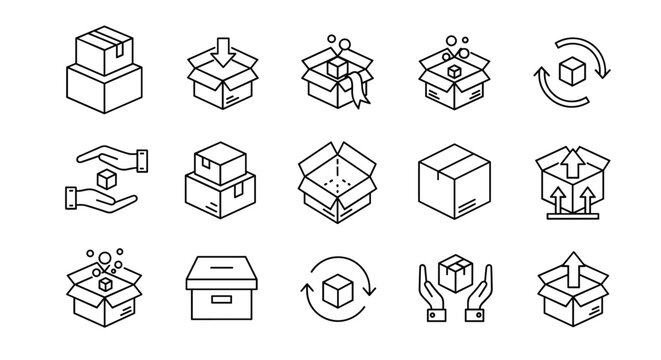 Box and Package Icon Set Featuring Open, Closed, and Shipped Boxes for Logistics, Shipping, and E-Commerce Designs