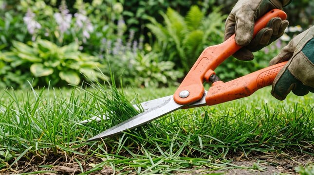 person trimming grass with sharp garden shears in lush backyard garden
