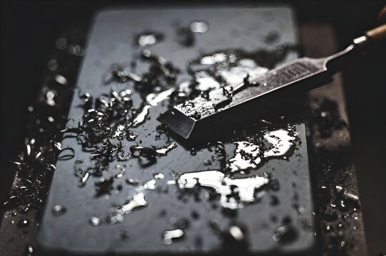 Chisel Blade on Wet Sharpening Stone with Water Droplets