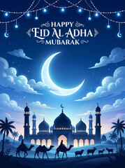 Eid al adha mubarak greeting card with mosque and animals at night
