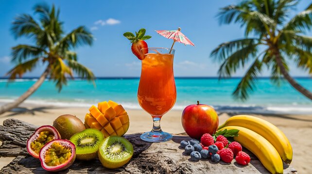 Tropical fruit cocktail on beach with fresh fruits and ocean view summer vacation concept