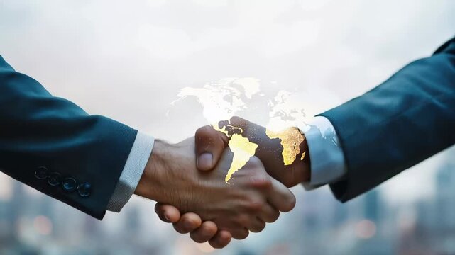 Business people shaking hands with a world map graphic overlay to symbolize partnership and global cooperation in a city setting
