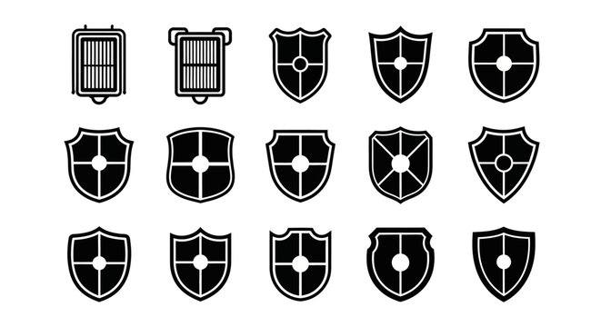 Collection of various shield icons and filters representing security protection defense safety and data filtering systems in a minimalist black and white graphic design