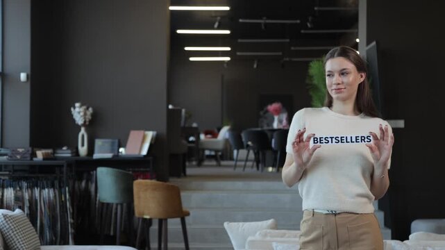 Furniture store seller presenting bestsellers collection