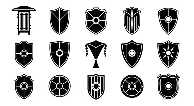 Collection of diverse silhouette icons representing security protection and heraldry elements including shields emblem and trash bin for graphic design and conceptual use