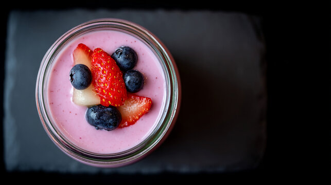 Pink berry mousse or parfait dessert with fresh strawberries and blueberries dark background strawberry