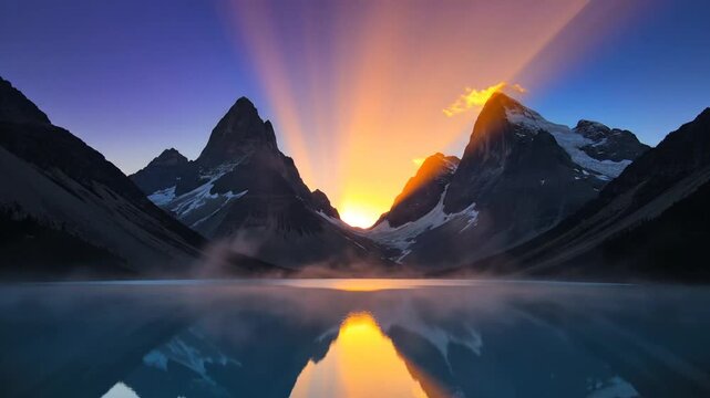 Vibrant orange sunrise rays emanating from between two snow-capped mountain peaks reflecting in a calm misty alpine lake under a purple sky with fog rising from the water surface.