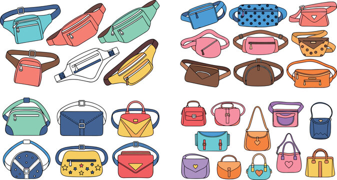 Fashion bags collection set featuring handbags backpacks waist bags and purses in colorful modern flat vector illustration design