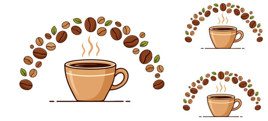 Obraz premium Coffee cup vector illustration with roasted beans and green leaves, steaming hot espresso mug icons, cafe branding elements set on white background