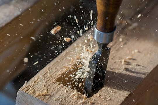 Macro Shot of Chisel Striking Wood with Exploding Sawdust