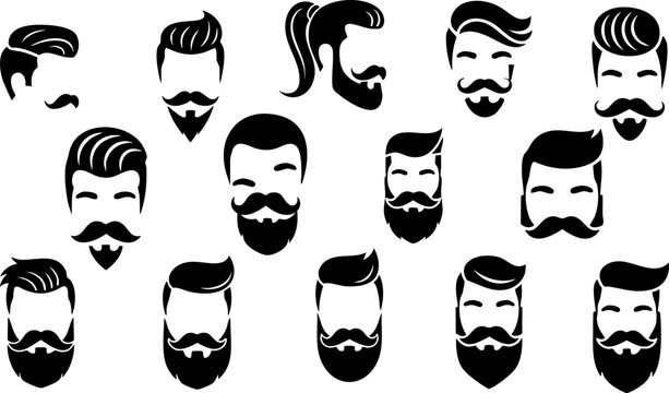 Vintage barber shop icons set, hipster male hairstyles with beards and mustaches, black silhouette men grooming vector collection for salon branding