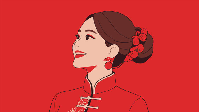 Elegant Chinese bride in traditional red cheongsam smiling happily