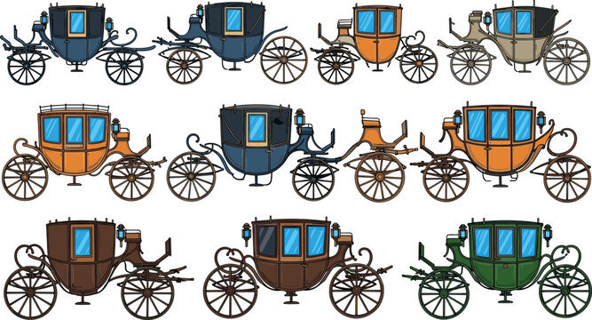 Vintage horse drawn carriage collection with classic royal transport designs and antique wheels in detailed flat vector illustration set