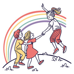 Obraz premium Happy friends jumping high near beautiful rainbow.