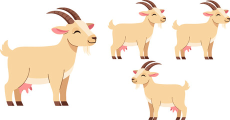 Naklejka premium Cute cartoon goat character set, friendly farm animal vector illustrations, beige domestic goat with horns and udder, livestock mascot collection