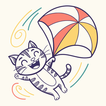 A cute cat skydiving with a parachute and windy lines.