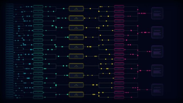 Digital Network Data Flow Visualization Illustrating Complex Systematic Information Processing and Connectivity Architecture