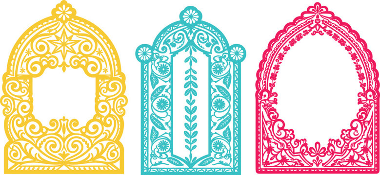 Ornate Decorative Window Frames in Vibrant Colors with Intricate Floral and Geometric Patterns, Vector Art for Home Decor and Crafts