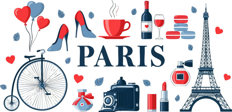Paris travel vector illustration set, French lifestyle icons with Eiffel Tower and red wine, romantic vacation elements in flat style
