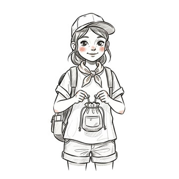 Young Girl Scout with Backpack and Pouch, Ready for Adventure