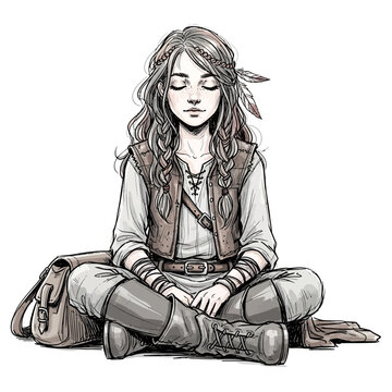 Young woman meditating in a forest, fantasy warrior, peaceful, serene, bohemian style