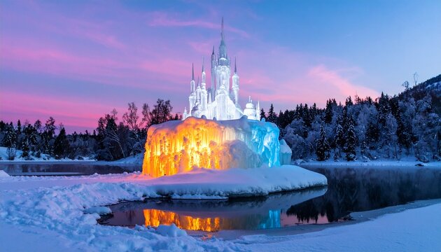 Illuminated Ice Hotel in Winter Landscape.