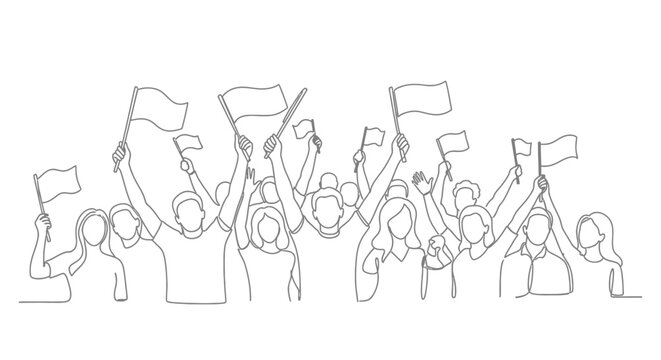 Crowd waving flags, celebrating, cheering, protest, unity, continuous line art