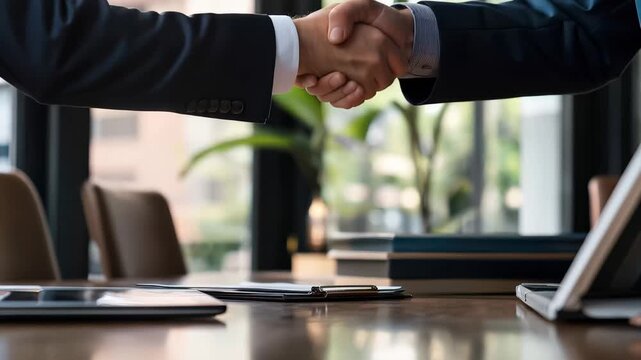 Handshake between business partners in a modern office setting during a meeting to finalize a deal in the afternoon