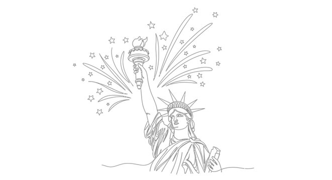 Statue of Liberty outline with fireworks and stars, symbolic representation of freedom and celebration