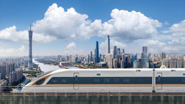 High speed rail running over urban riverfront cityscape