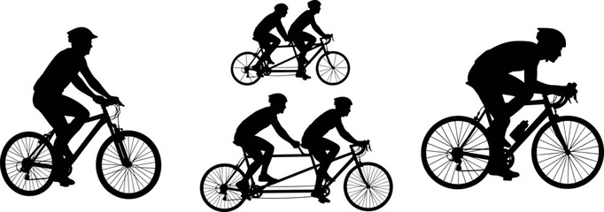 Fototapeta premium Cyclist silhouette vector collection with tandem bicycle riders, road cycling poses, sport activity icons, and outdoor fitness illustration set