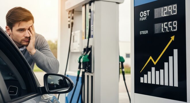Driver Expressing Concern While Refueling Car at Gas Station Amidst Rising Fuel Prices