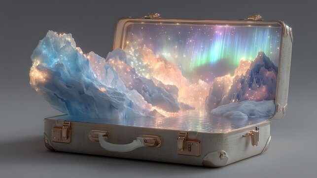Magical Arctic Aurora Borealis in Vintage Suitcase.
