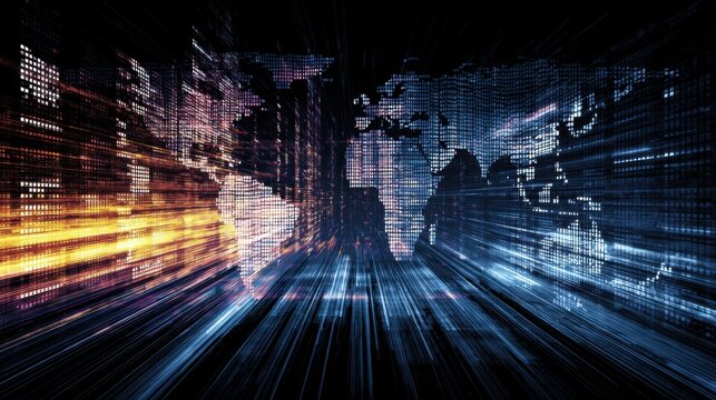 Global Network Data: A dynamic digital artwork of the globe, enveloped in a radiant network of data streams, embodies the essence of worldwide connectivity, innovation, and technological evolution.