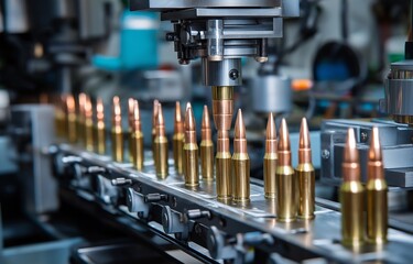 Naklejka premium The machinery used in the production of gun bullets runs along a factory conveyor, charging projectile tips into casings with synchronized automation for ammo assembly.